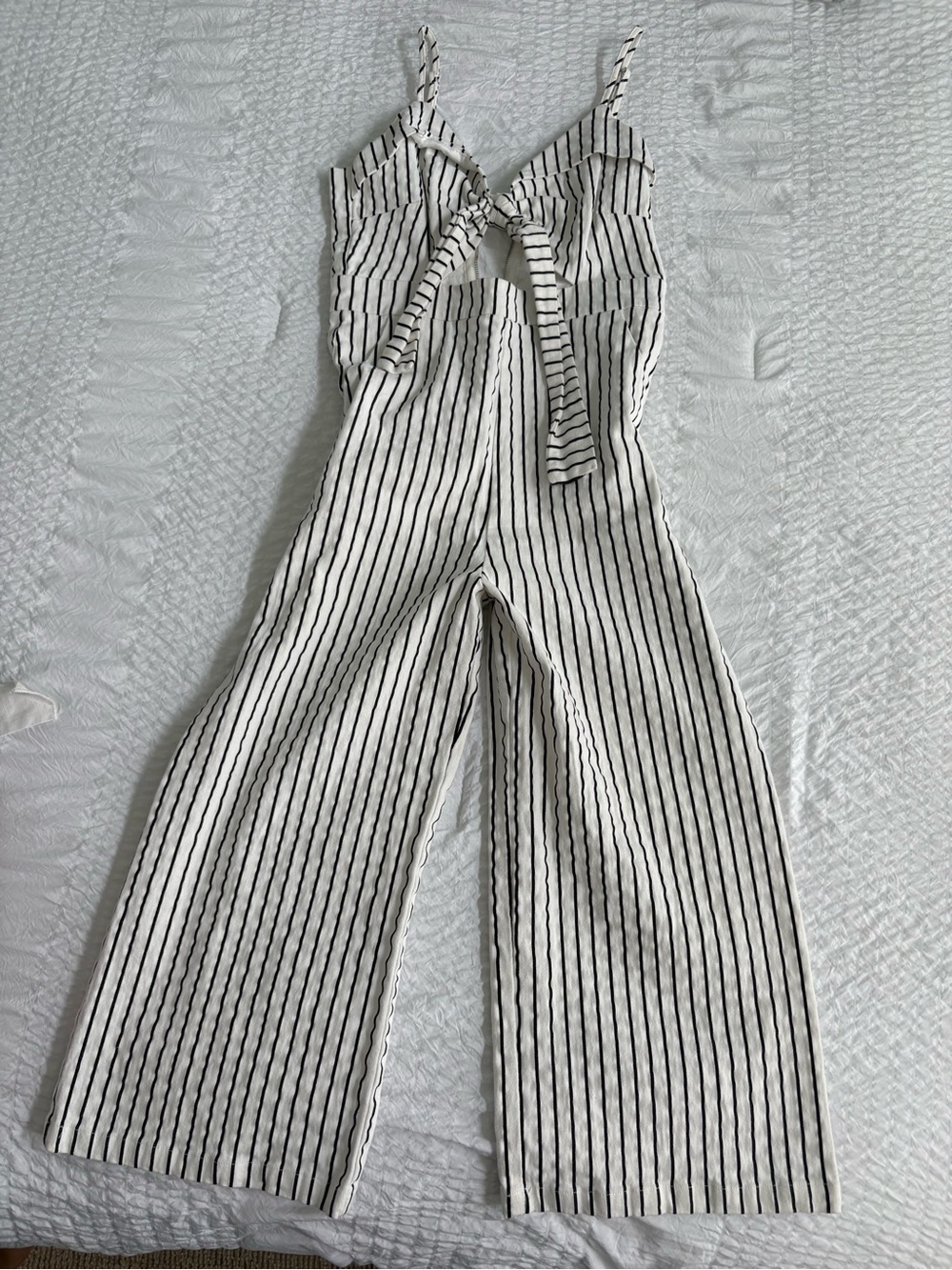 Main Strip Striped White & Black Wide-Leg Jumpsuit with Front Tie